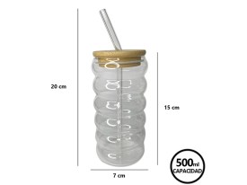 Vaso vidrio ondulado tapa madera y sorbete vidrio